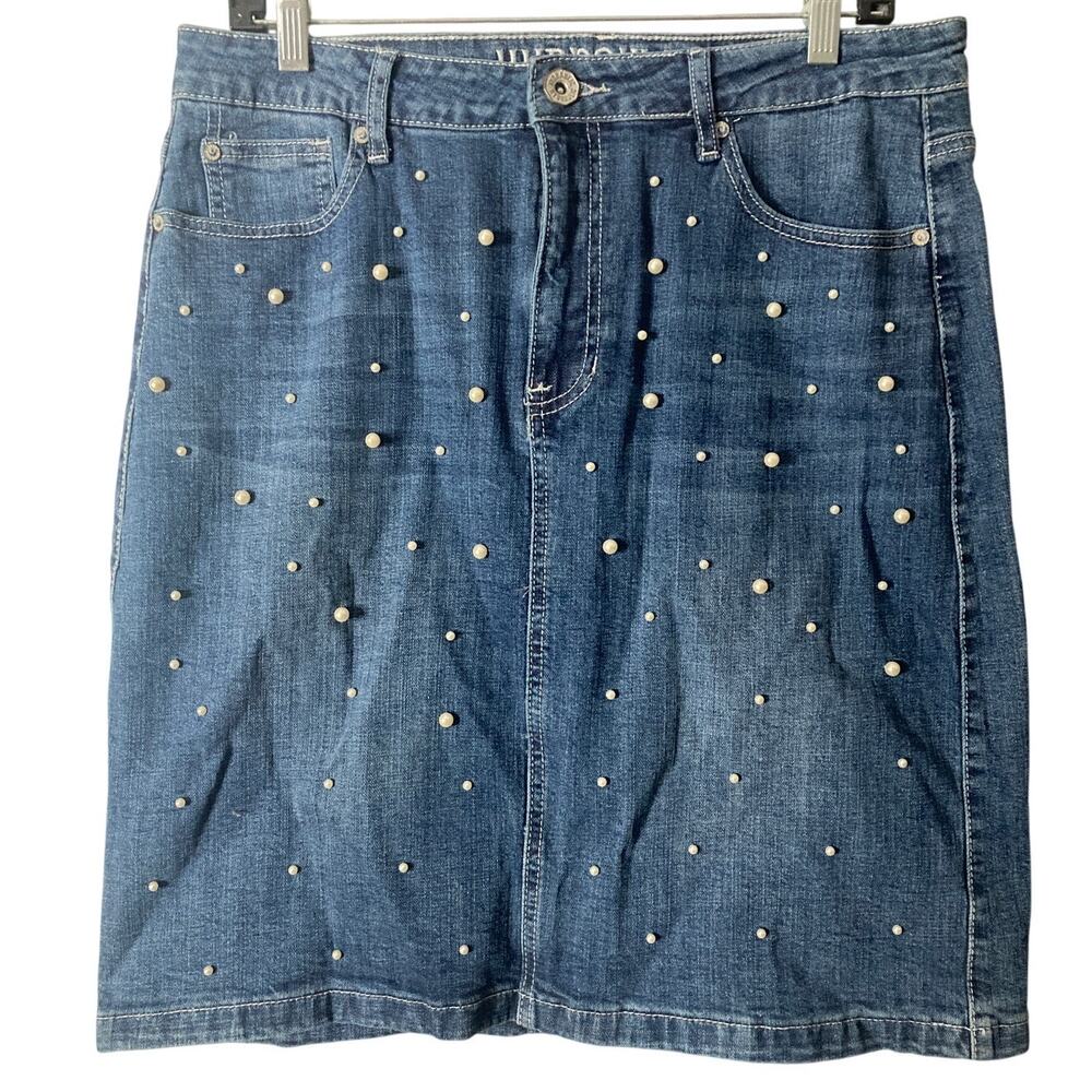 Hydraulic Denim Skirt Womens 12 Blue Pearl Embellished Midi Y2K Jeans Western